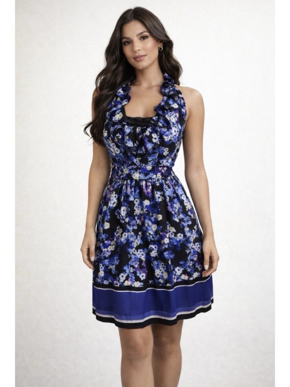 WHBM A Line Dress 6 Blue Purple Floral Silky Stretch Ruffle Neck Career Church